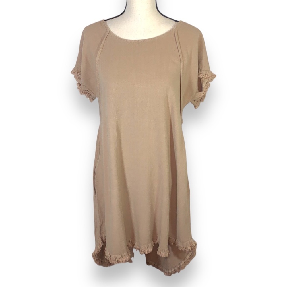 Umgee Tan Linen Cotton Frayed Hem High Low Dress Boho Coastal Size Small